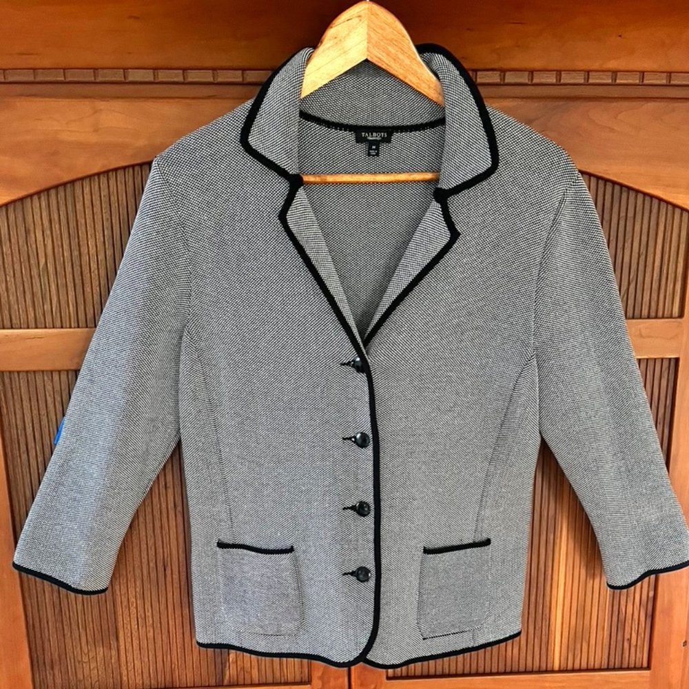 Talbots Silk Blend Black/White Tweed 4 Button Cardigan Jacket, Sz M